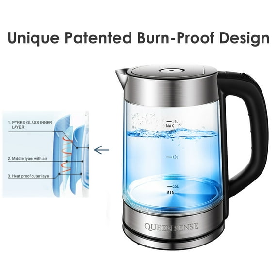 QUEEN SENSE Burn-Proof Electric Kettle Double Layer Glass Tea, Coffee Pot 1.7 Liter Cordless with LED Light, BPA-Free with Auto Shut-Off and Boil-Dry Protection GK2007