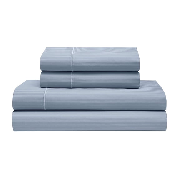 QUEEN SILKY SOFT COTTON LIGHT BLUE SATEEN STRIPE SHEET SET