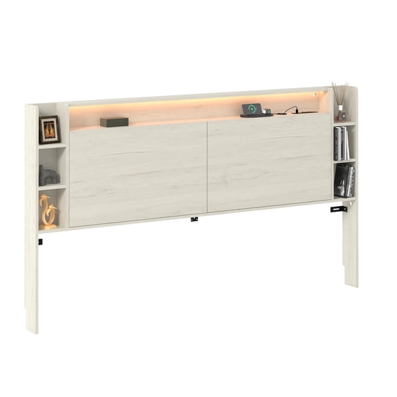 QUEEN SIZE Headboard with Built-in USB/AC Outlets & Storage, Bedroom Headboard with Smart LED Lighting & Anti-Tip Accessories