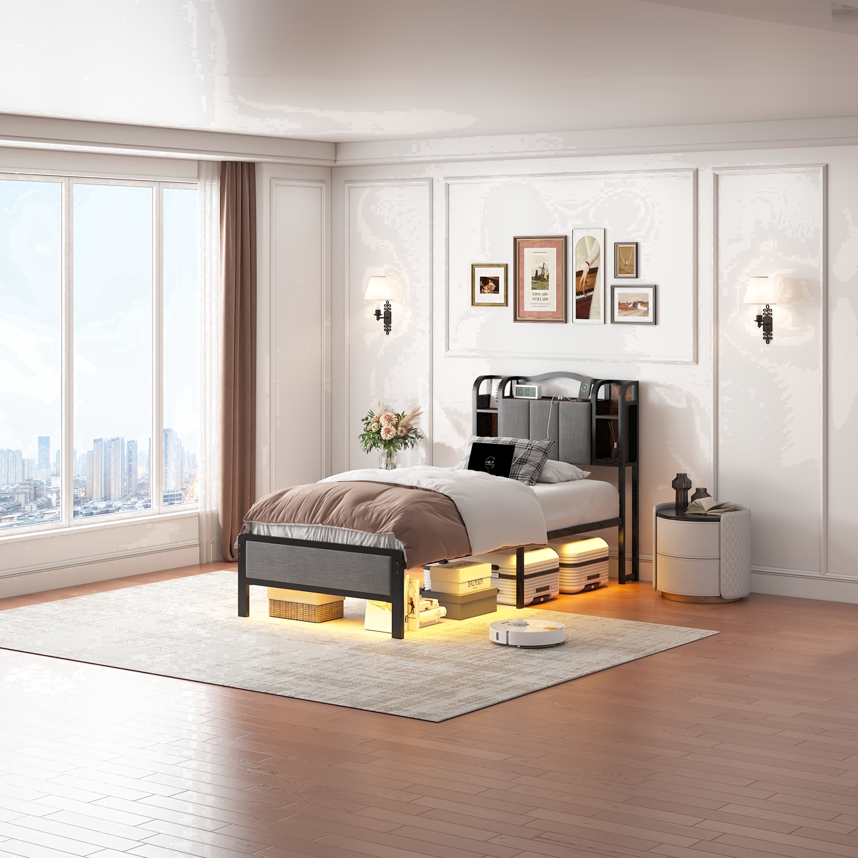QUEEN Size Bed Frame with Upholstered Headboard & Footboard, Metal Bed Frame with LED Lights & Charging Station, No Box Spring Needed, Noise-Free Easy Assembly, Large Under Bed Storage