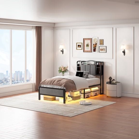 QUEEN Size Bed Frame with Upholstered Headboard & Footboard, Metal Bed Frame with LED Lights & Charging Station, No Box Spring Needed, Noise-Free Easy Assembly, Large Under Bed Storage