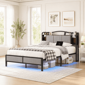 PIVOTIX Queen Upholstered Platform Bed Frame with LED Lights and Charging Station