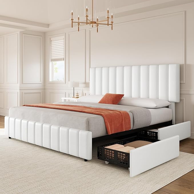 QUEEN Size Storage Bed Frame, Vertical Channel Tufted Adjustable Headboard, Linen Upholstered Platform Bed with 4 Oversized Underbed Drawers, Wooden Slats Support, No Box Spring Needed, Noise-Free