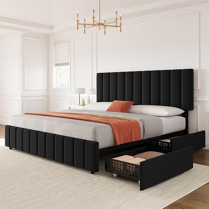 QUEEN Size Storage Bed Frame, Vertical Channel Tufted Adjustable Headboard, Linen Upholstered Platform Bed with 4 Oversized Underbed Drawers, Wooden Slats Support, No Box Spring Needed, Noise-Free