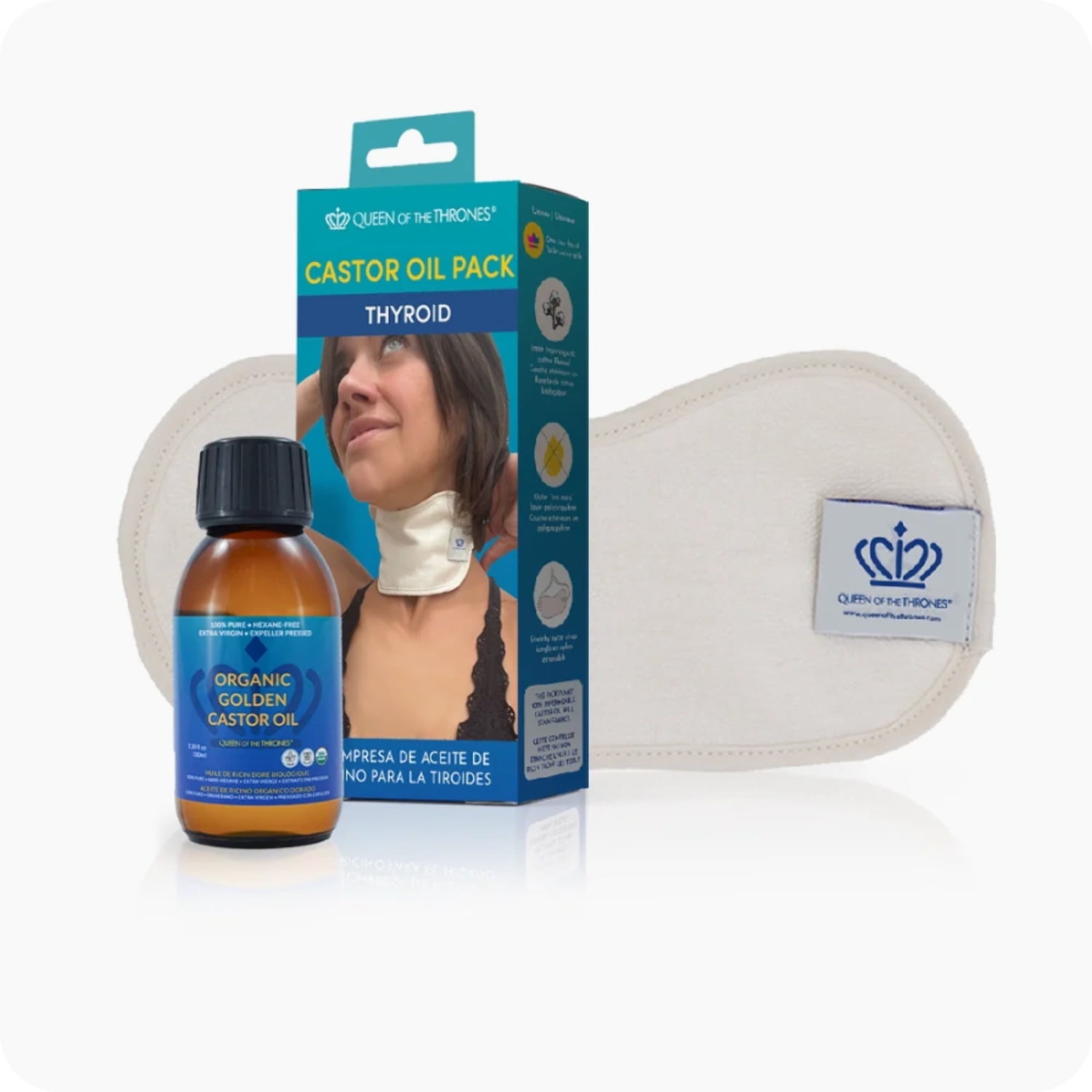 Queen of the Thrones Thyroid Castor Oil Pack Bundle, Includes Organic Golden Castor Oil, 3.38 fl oz