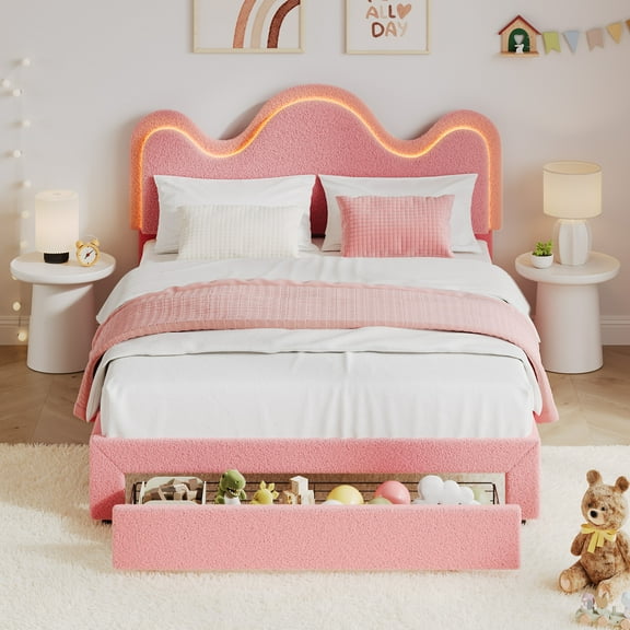 QUEEN Upholstered LED Bed Frame with Storage Drawer, Cute Girls Bed with Adjustable Wave Headboard, Velvet Princess Platform Bed Frame, Wooden Slats Support, No Box Spring Needed, Pink