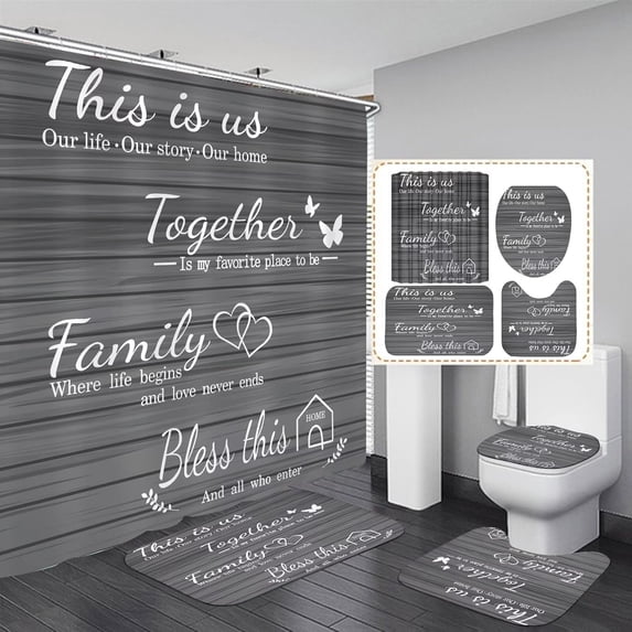 QUEEN and KING Shower Curtain Set for Bathroom 4 Pcs Black Bathroom Accessory Decor Sets with Shower Curtain and Rugs