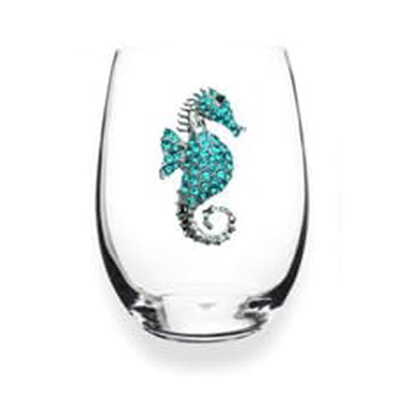 THE QUEENS' JEWELS Blue Seahorse Jeweled Stemless Wine Glass, 21 oz. - Unique Gift for Women, Birthday, Cute, Fun, Not Painted, Decorated, Bling, Bedazzled, Rhinestone