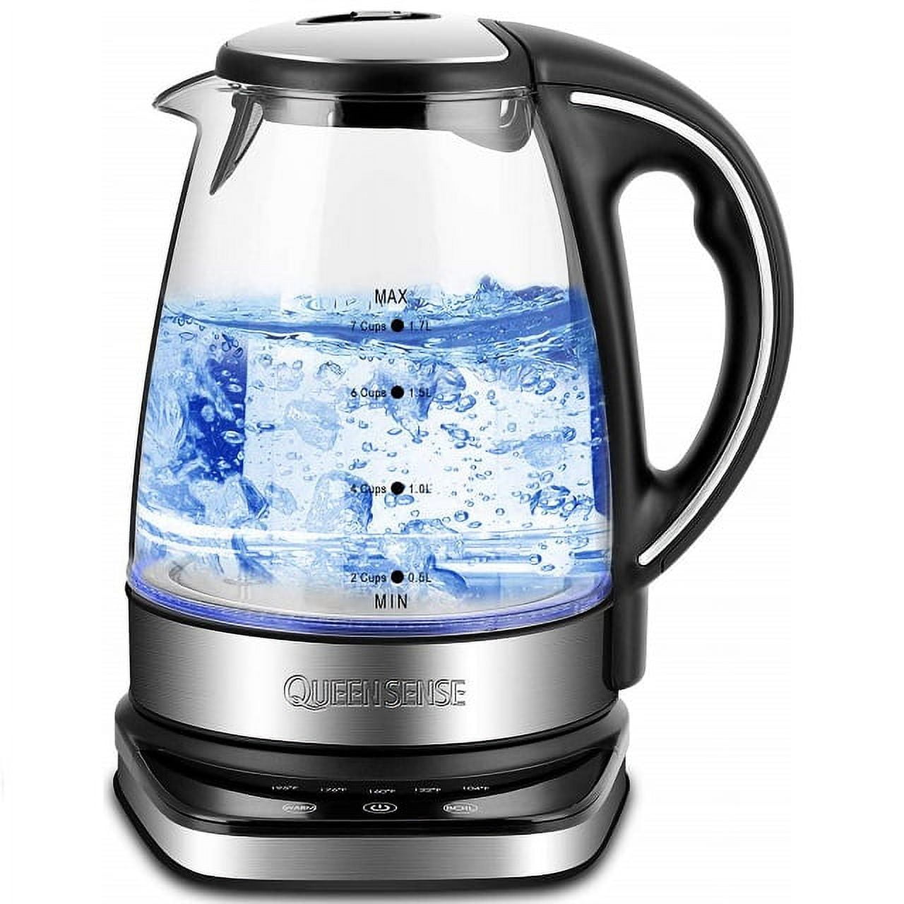 QUEENSENSE 1.7L Blue LED Light Glass Electric Kettle
