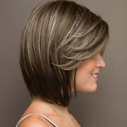 QUEENTAS 12" Brown Wigs for Black Women Straight Short Brown Bob Wig with Bangs Shoulder Length Bob Wigs with Highlight