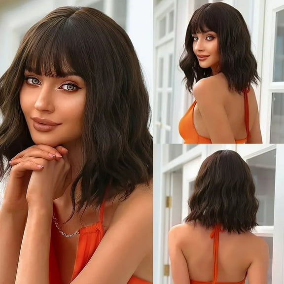 QUEENTAS 14" Black Bob Wigs for  Women Deep Wave Wig Synthetic Curly Wigs for Halloween Shoulder Length Wavy Wig