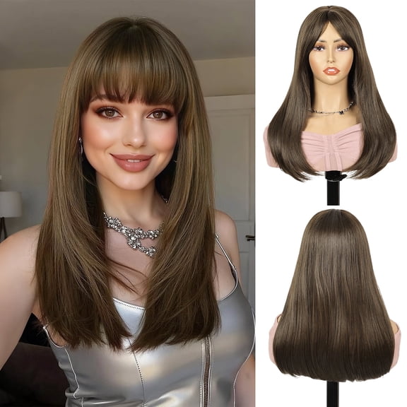 QUEENTAS 20 Inch with Bangs Long Brown Wigs for Women Straight Long Bob Wig Synthetic Brown Hair Wigs Sandy Brown Glueless Wig Cap