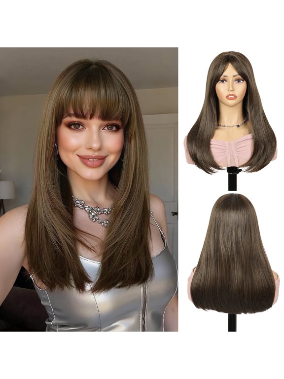 20 Inch with Bangs Long Brown Wigs for Women Straight Long Bob Wig Synthetic Brown Hair Wigs Sandy Brown Glueless Wig Cap