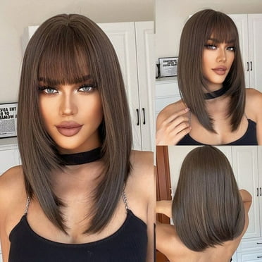 QUEENTAS 20 Inch with Bangs Long Brown Wigs for Black Women Straight Long Bob Wig Synthetic Brown Hair Wigs Sandy Brown Glueless Wig Cap