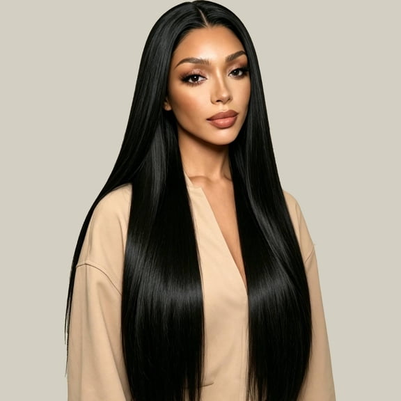 QUEENTAS 24 Inch Glueless Long Straight Black Wig for Women – Synthetic Heat-Resistant Wig, Wear & Go Pre-Plucked Natural Hairline, Everyday & Party Wig (Black)