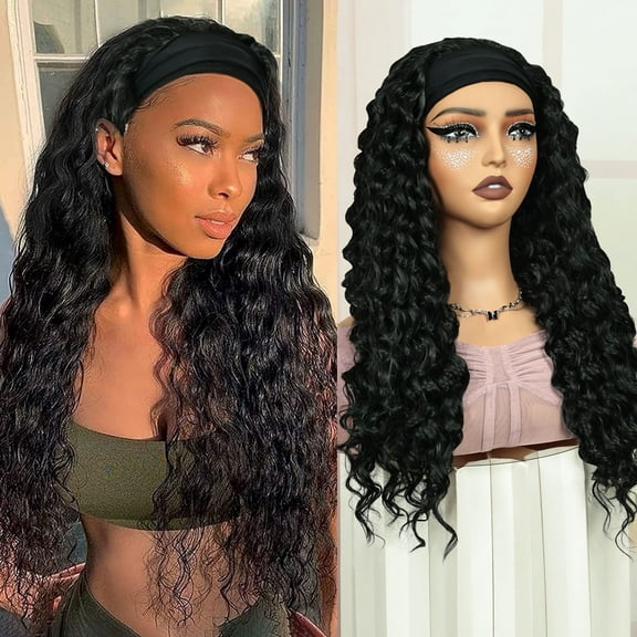 QUEENTAS Black HeadBand Wigs for Women Long Wavy Headband Wigs 25inch Glueless Half Wig Loose Wave Synthetic Long Wigs for Women