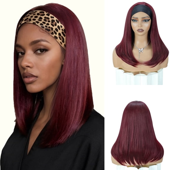 Queentas 16 Inch Red Straight Headband Wig for Women– Heat Resistant Synthetic, Glueless with Ice Silk Band, Natural Look for Daily Wear