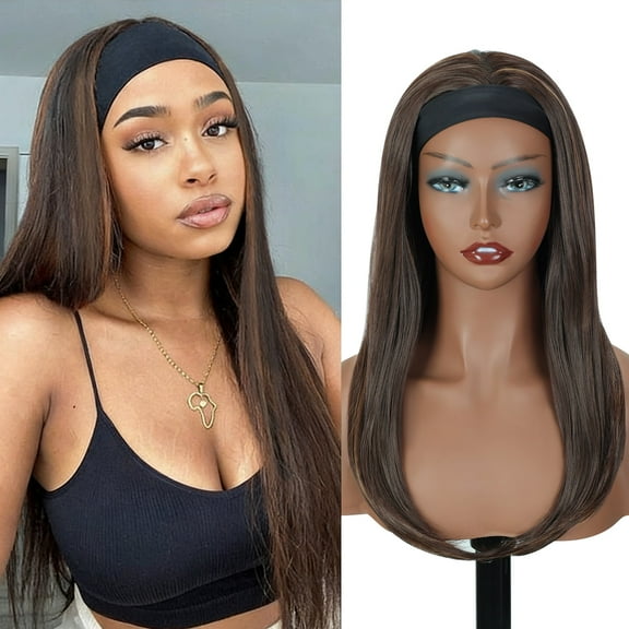 QUEENTAS 18 Inch Long Straight Wig Highlight Headband Wig Straight Hair with Head Band Ready to Go Glueless Synthetic Headband Wig Brown Mix Blonde