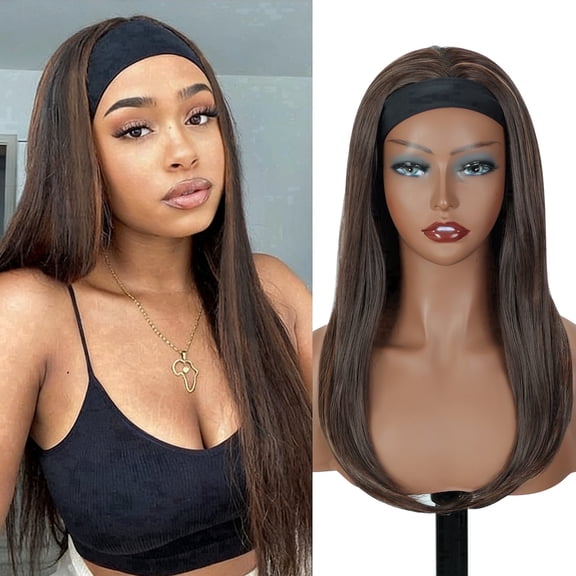 QUEENTAS 18 Inch Long Straight Wig Highlight Headband Wig Straight Hair with Head Band Ready to Go Glueless Synthetic Headband Wig Brown Mix Blonde