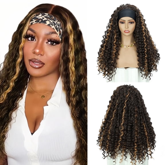 QUEENTAS 18 Inch Headband Wig Highlight Ombre Curly Headband Wigs for Women Glueless Hair Wear Go