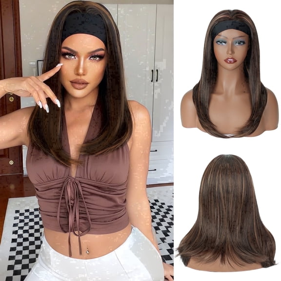 Queentas Glueless Brown Mix Blonde Headband Wig – 16 Inch Straight Synthetic, Highlighted Fibers, Ice Silk Band, Lightweight Everyday Look for Women