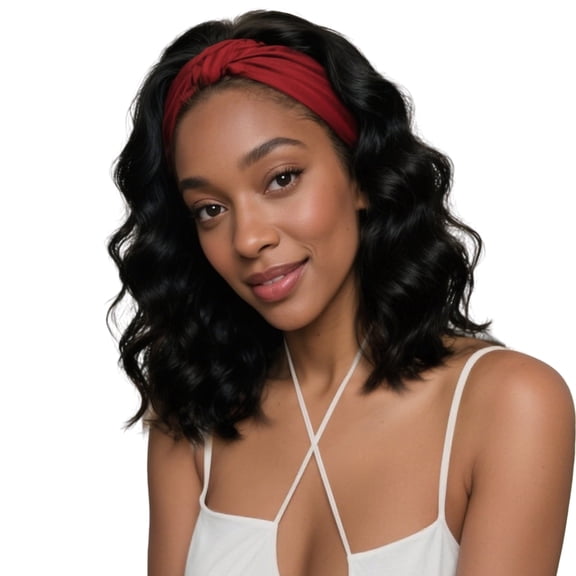 Queentas Glueless Black Wavy Headband Wig – 14 Inch Synthetic, Pre-Styled Waves, Ice Silk Band, Natural Volume for Women