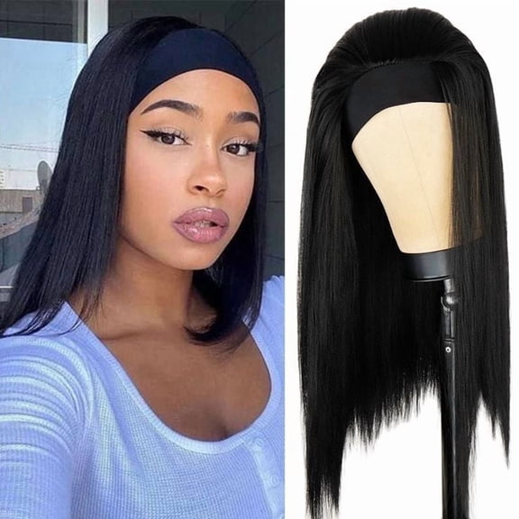 QUEENTAS 16 InchHeadband Wig for Women Black Straight Synthetic Headband Wig Glueless Heat Resistant Natutal Looking for Daily Party Use