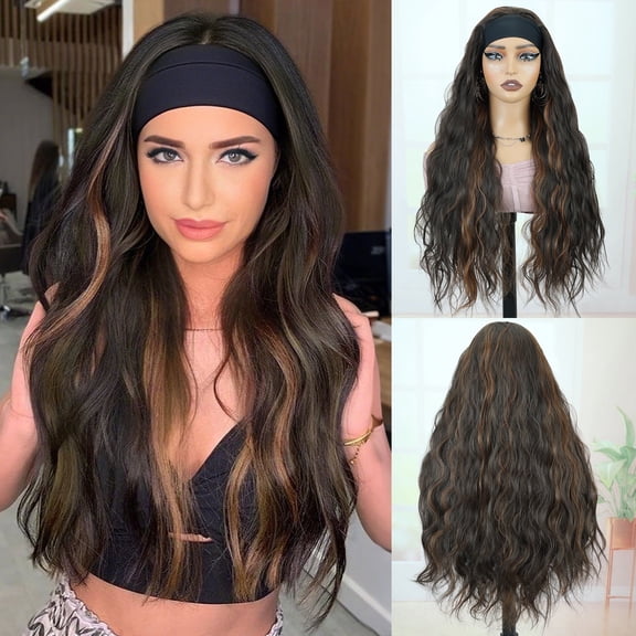 QUEENTAS 27" Long Wavy Headband Wigs for Women Black Mixed Dark Brown with Blonde Highlight Curly Headband Wig Easy Wear Synthetic Natural Wave Hair Wigs
