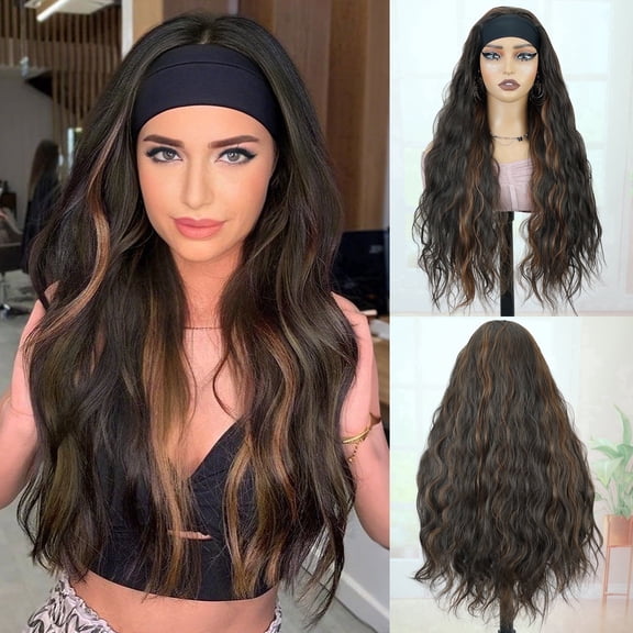 QUEENTAS 27" Long Wavy Headband Wigs for Women Black Mixed Dark Brown with Blonde Highlight Curly Headband Wig Easy Wear Synthetic Natural Wave Hair Wigs