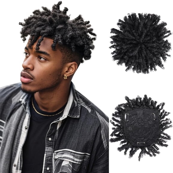 QUEENTAS Dreadlock Toupee for Men Short Braided Hair Topper for MEN Curly Synthetic Black Hair Toppers with 3 Clips