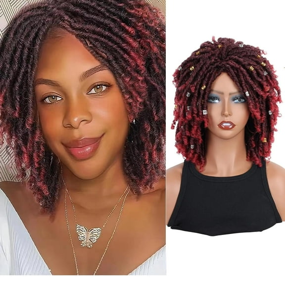 QUEENTAS Dreadlock Wig for  Women Braided Wigs Short Curly Braid Wig Twist Wig Synthetic Red Curly Wigs for Women(Black Mix Burgundy)