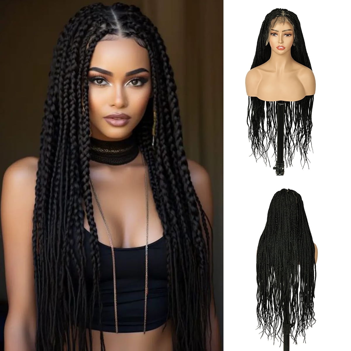 QUEENTAS 36" Hd Lace Front Boho Braided Wigs for Women Knotless Braided Wigs Box Braid Wig with Curly End Braided Lace Front Wig Premium Synthetic Natural Black