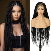 QUEENTAS 36 Hd Lace Front Boho Braided Wigs for Women Knotless Braided Wigs Box Braid Wig with Curly End Braided Lace Front Wig Premium Synthetic Natural Black
