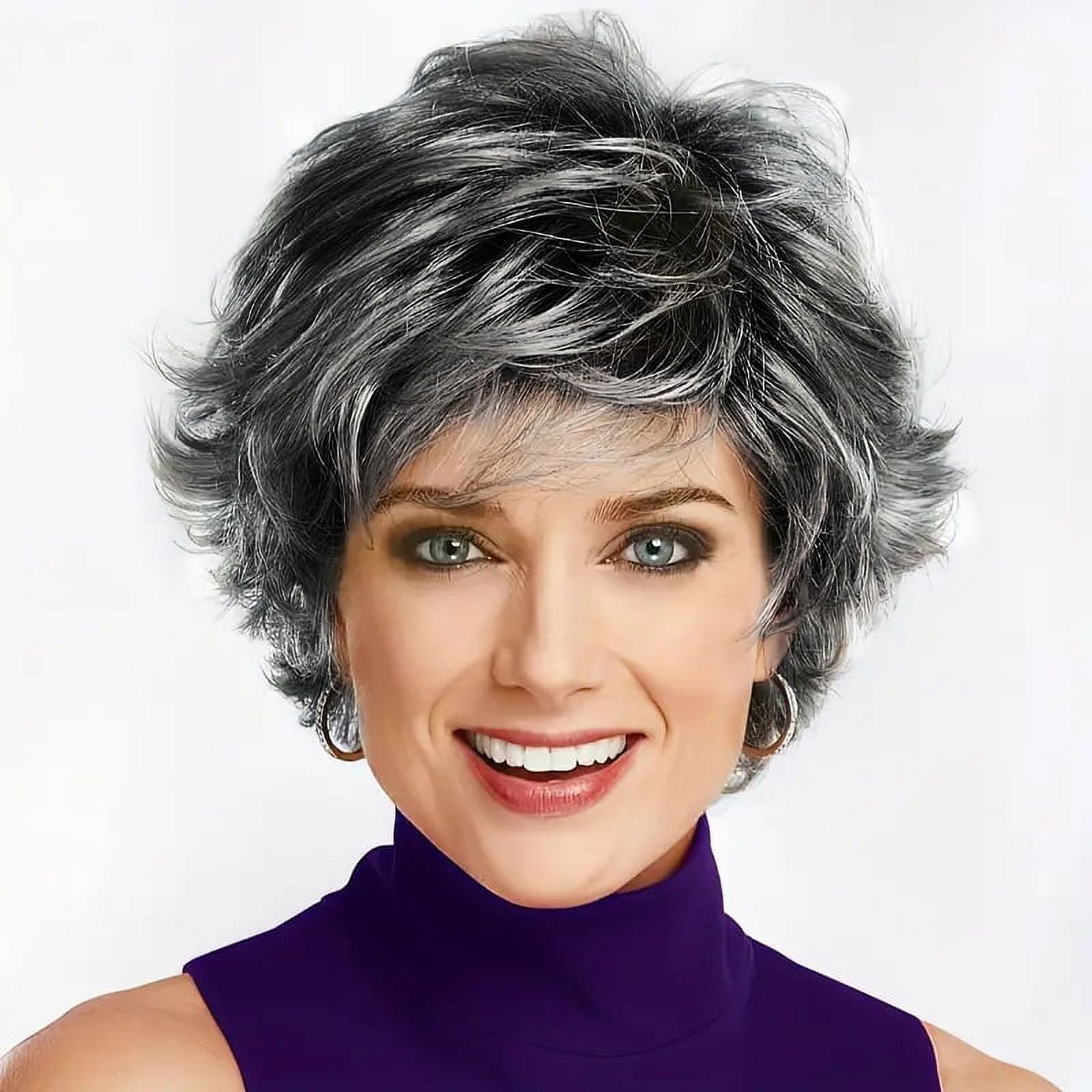 QUEENTAS Grey Wigs with Bangs Synthetic Short Wigs for Black Women