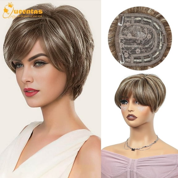 QUEENTAS Hair Topper Short Wiglet Hair Topper for Women with Thinning Hair Large Coverage Synthetic Top Crown Hair Piece for White Black Women - Brown