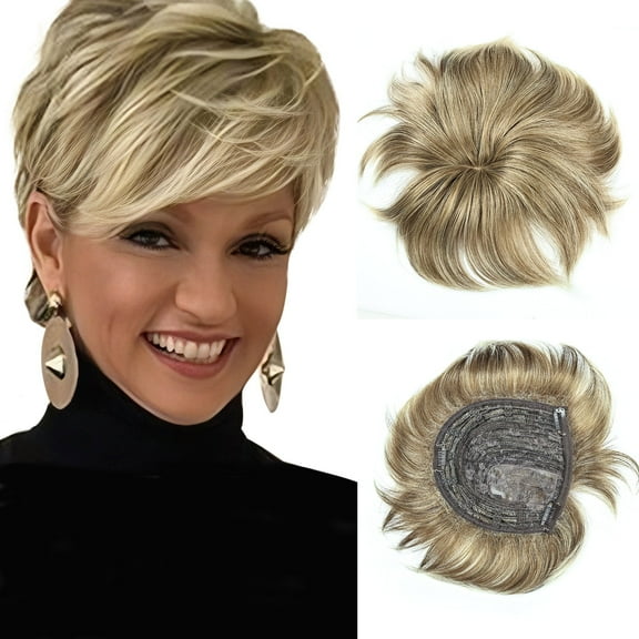 QUEENTAS Hair Topper for Women with Thinning Hair Pieces 6.5"*6"Large Coverage 360°3D Synthetic Short Wiglets with 5 Clips(Blonde Mixed Brown)