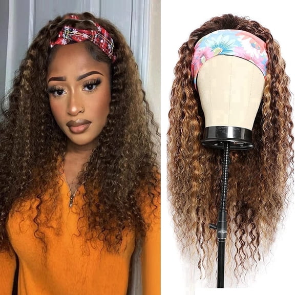 QUEENTAS Long Dark Brown with Honey Blonde Highlights Deep Wave Headband Wig for Women 22inch