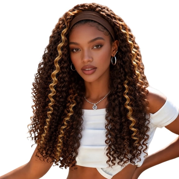 QUEENTAS 26" Long Deep Wave Headband Wig for Women, Dark Brown with Honey Blonde Highlights Glueless Synthetic Wigs, Extra Long Protective Style Hair