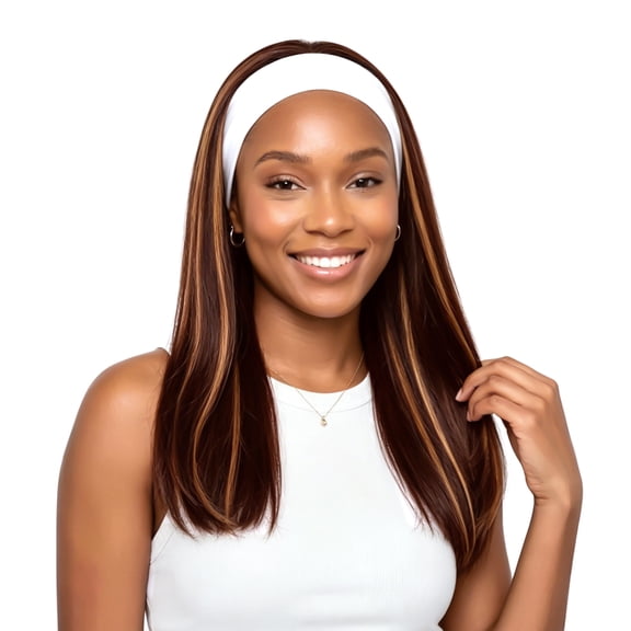 QUEENTAS 20" Long Straight Headband Wig for Women, Dark Brown with Honey Blonde Highlights Glueless Synthetic Wigs, Low-Maintenance Protective Style