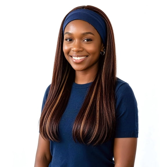 QUEENTAS 22" Long Straight Headband Wig for Women, Dark Brown with Honey Blonde Highlights Glueless Synthetic Wigs, Extra Long Protective Style Hair