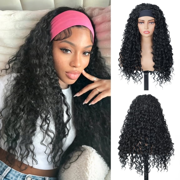 【Wear & Go】QUEENTAS 26 Inch Long Deep Wave Headband Wig for Women – Glueless Synthetic Half Wig, Pre-Plucked Hairline, Long Length Full Volume Style（Natural Black）