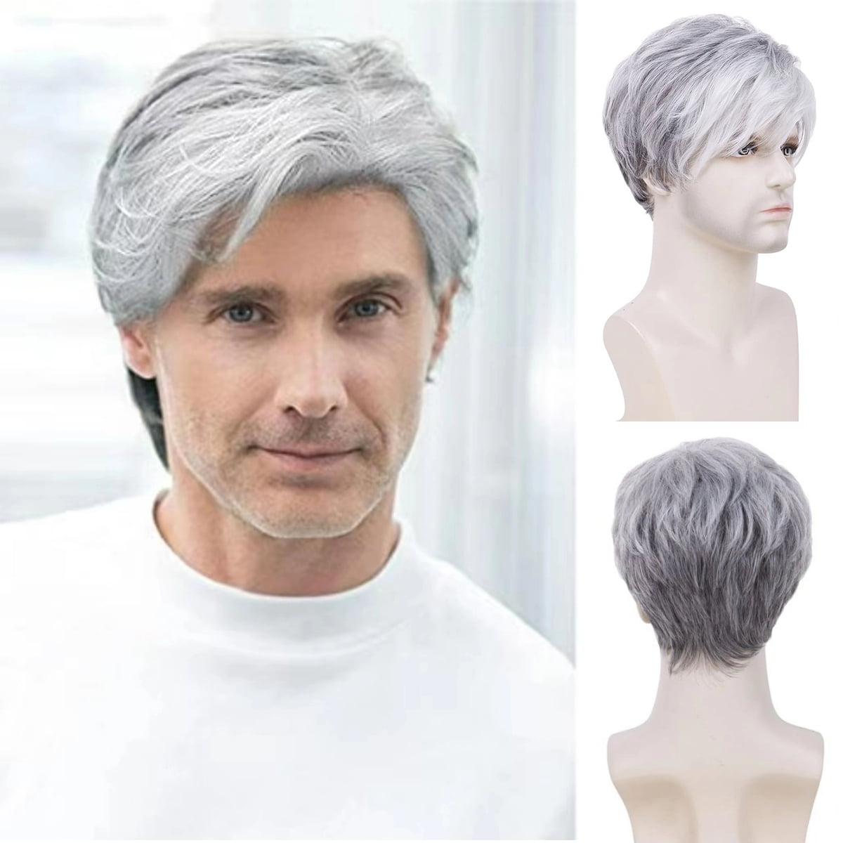 QUEENTAS Men Wigs Ken Wigs for Men Grey Short Hair Wig Synthetic White Wigs for Halloween Grey