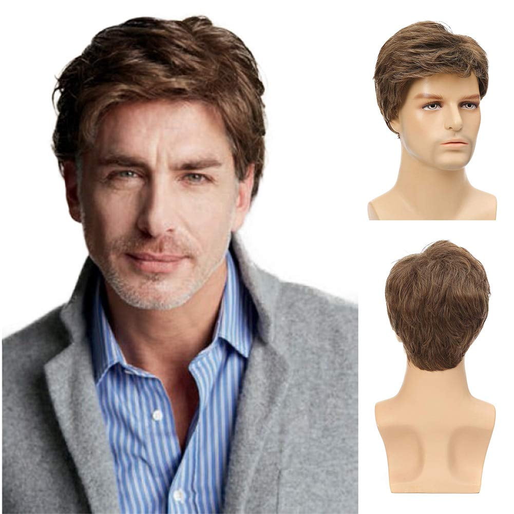 QUEENTAS Mens Wig Short Brown Wigs for Men Layered Natural Curly Wigs