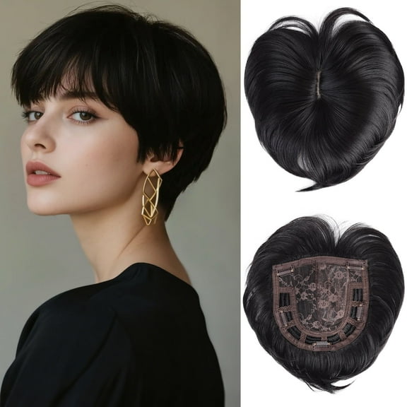 QUEENTAS Hair Topper for Women with Thinning Hair Pieces 6.5"*6"Large Coverage 360°3D Synthetic Short Wiglets with 5 Clips(Natural black)