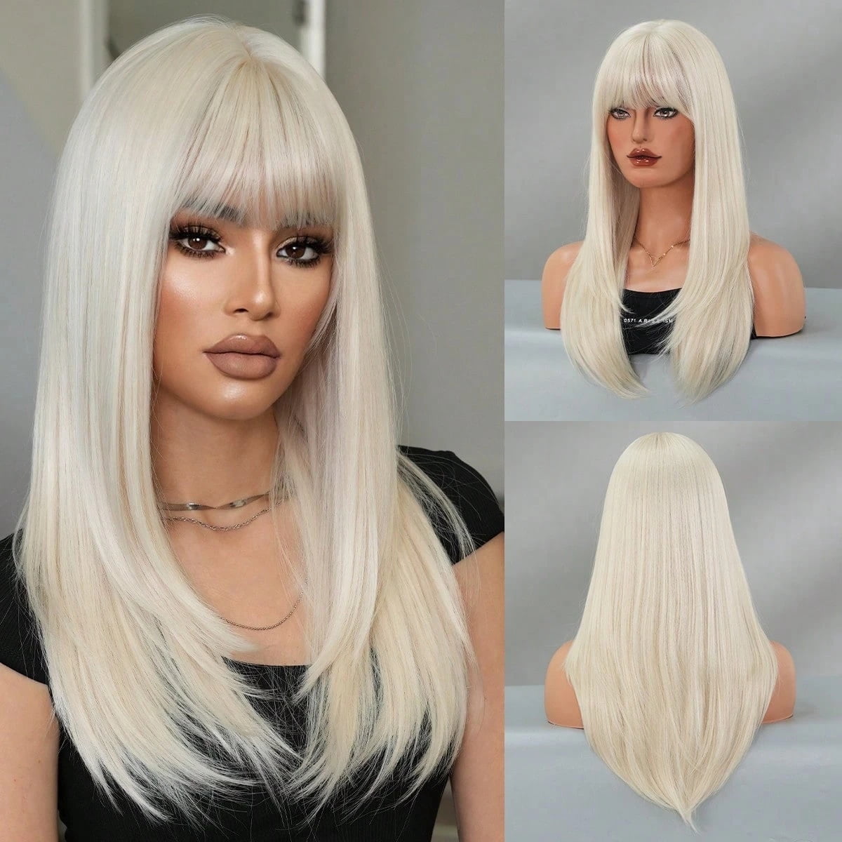 18 Inch Platinum Blonde Wigs For Women Long Straight Hair Wig With Bangs Heat Resistant White Blonde Layered Wig For Women Daily Party Cosplay Use