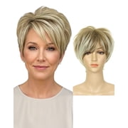QUEENTAS Short Blonde Wigs for Women Pixie Cut Wig Layered Blonde Glueless Wig with Bangs Synthetic Hair Wig Cap