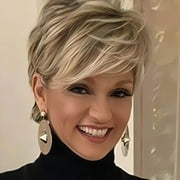 QUEENTAS Short Blonde Wigs for Women Pixie Cut Wig Layered Blonde Glueless Wig with Bangs Synthetic Hair Wig Cap