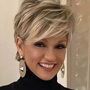 QUEENTAS Short Blonde Pixie Cut Wig for Women, Natural Looking Layered Wig with Bangs, Glueless Easy Wear Synthetic Hair Wig with Adjustable Cap, Brown Root Ombre