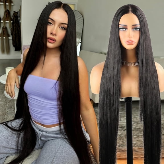 QUEENTAS 40 Inch Black Wig Long Black Wigs for Women Synthetic Straight Hair Party Daily Wear
