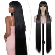 QUEENTAS 40 Inch Black Wig with Bangs Long Black Wigs for Women Synthetic Straight Hair Party Daily Wear